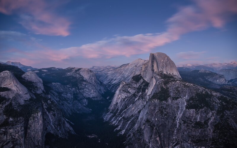 Half Dome in Yosemite — Purple, Serene, Sunset, Photograph, Mountains