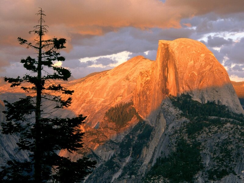 Half Dome Mountain — Orange, Dramatic, Sunset, Photograph, Tree, Clouds, Gray