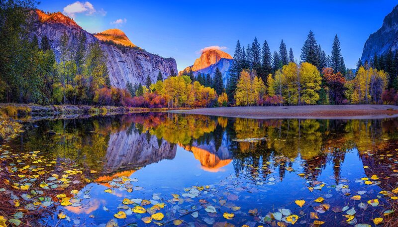 Half Dome Reflection — Blue, Serene, Autumn, Photograph, Mountains