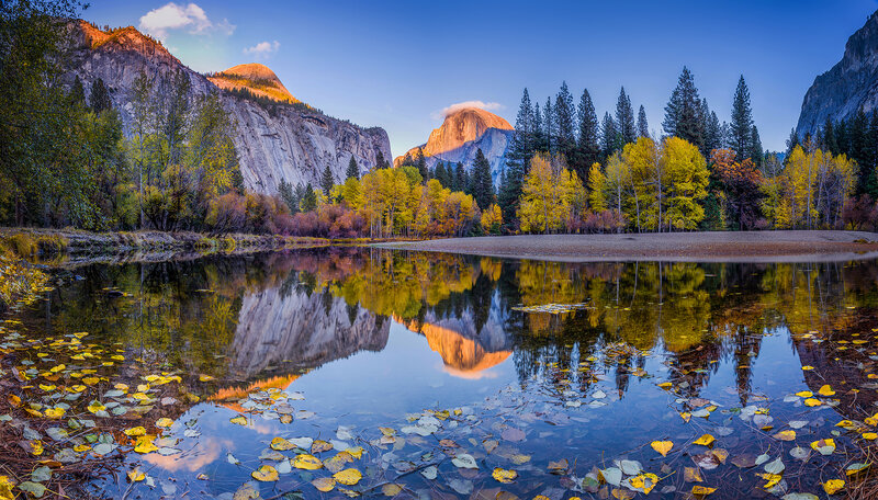 Half Dome Reflection — Blue, Serene, Autumn, Photograph