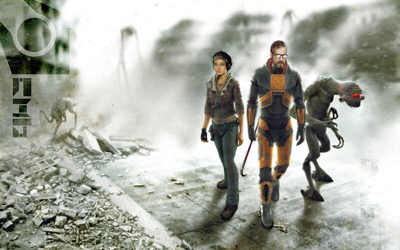 Half-Life characters in a ruined city
