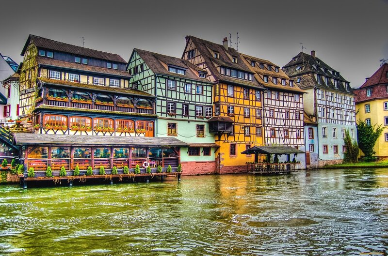 Half-timbered Buildings — Green, Dramatic, Photograph
