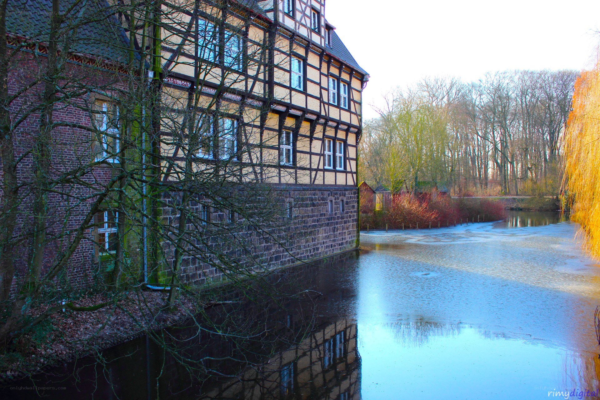 Half-timbered house by a river