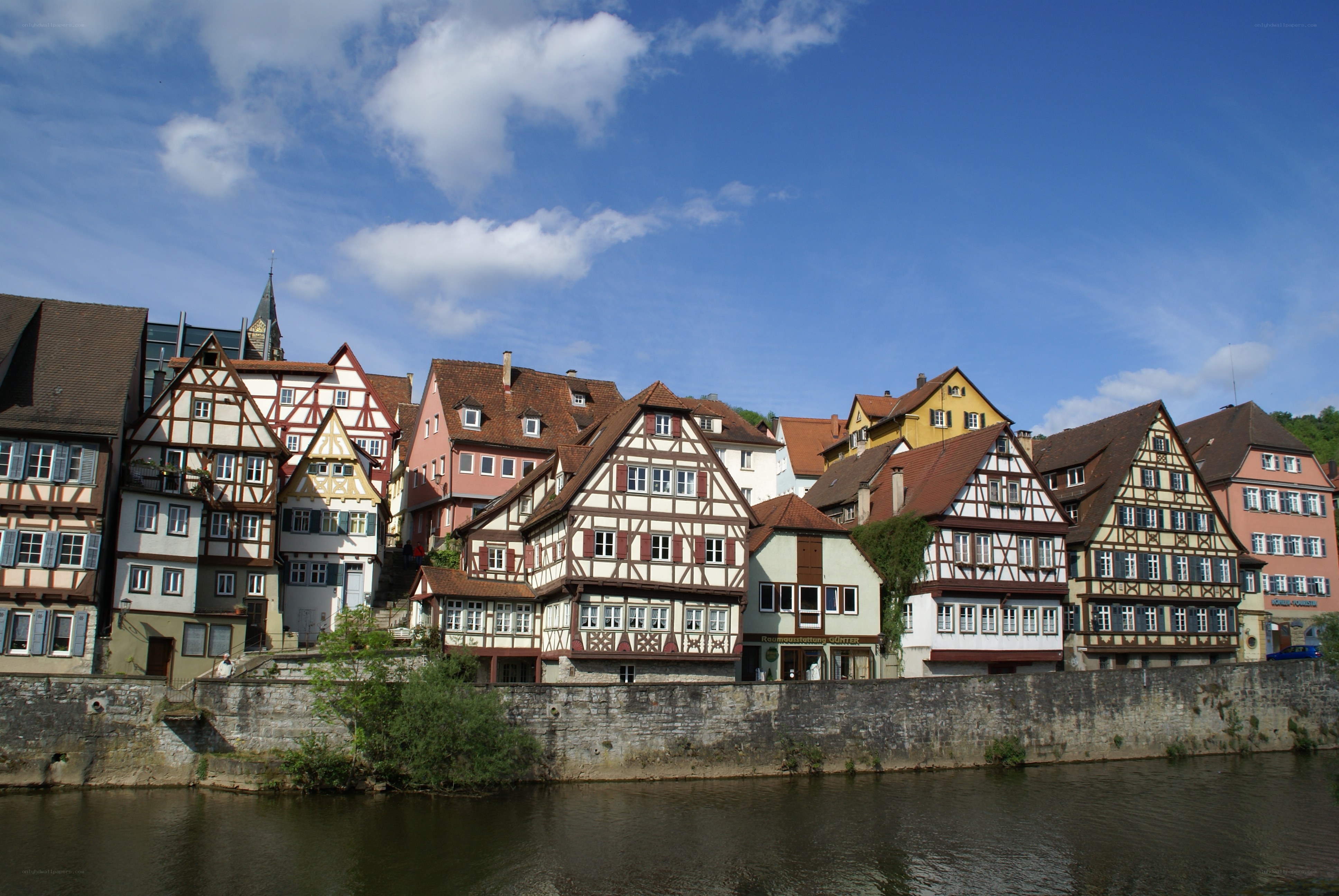 Half-timbered houses along a river