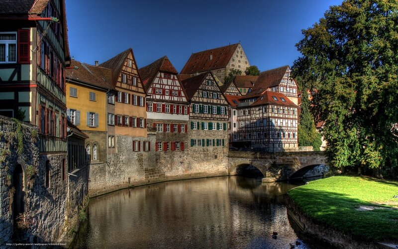 Half-timbered Houses by River — Blue, Serene