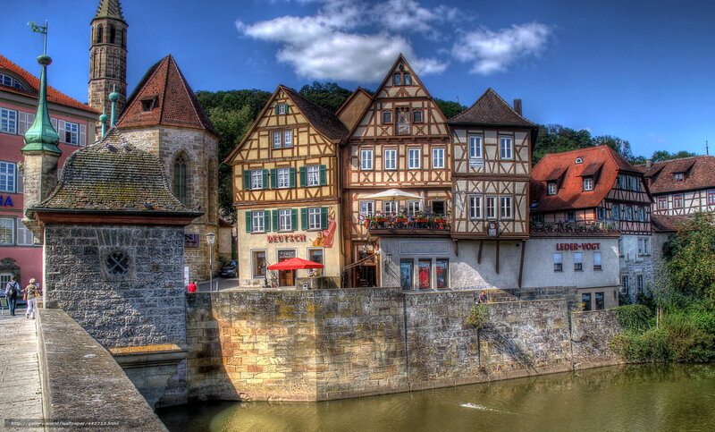 Half-timbered Houses by River — Blue