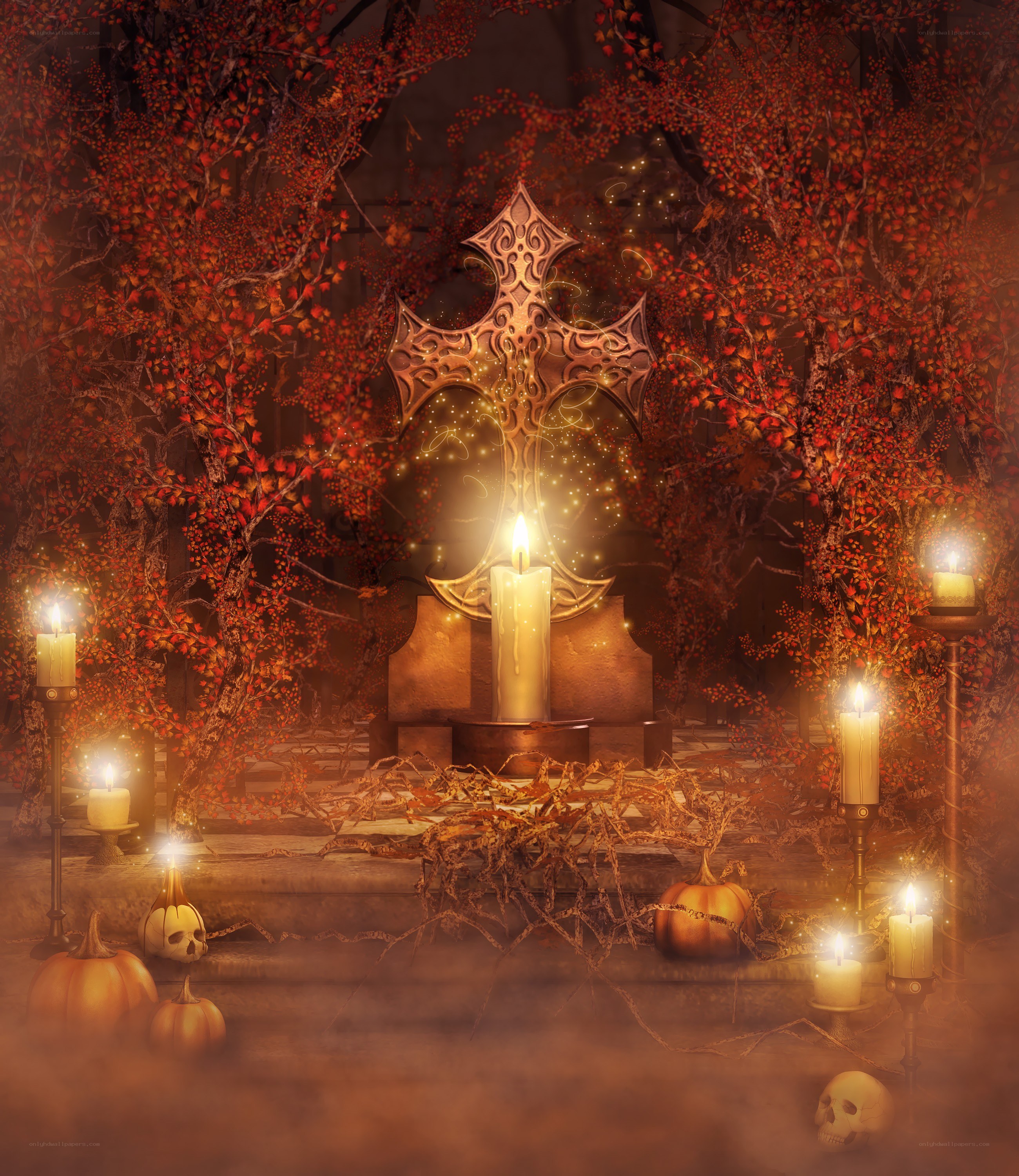 Halloween altar with glowing cross