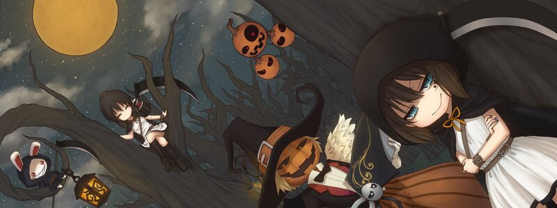 Halloween anime characters in a spooky forest