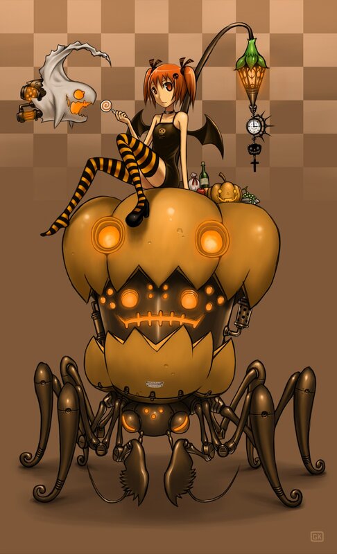 Halloween anime girl on pumpkin robot