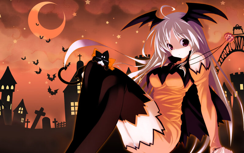 Halloween anime girl with cat