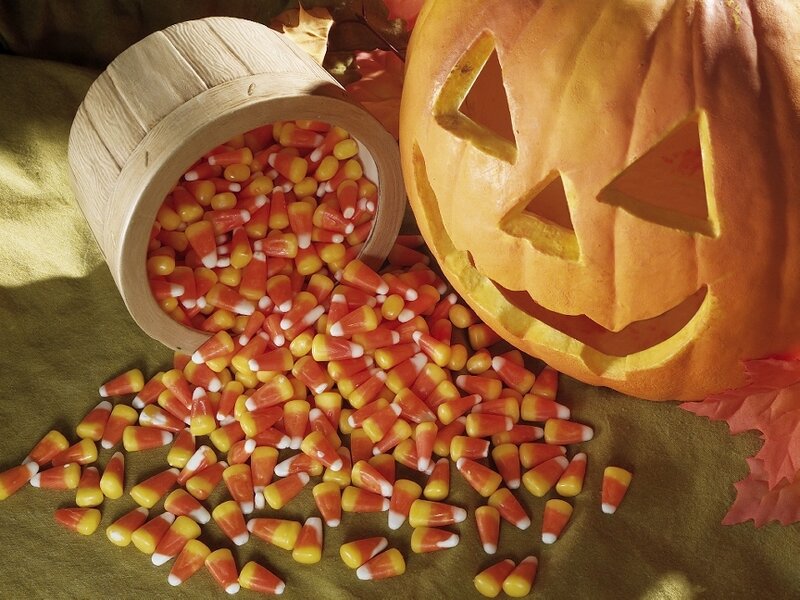 Halloween candy and jack-o-lantern