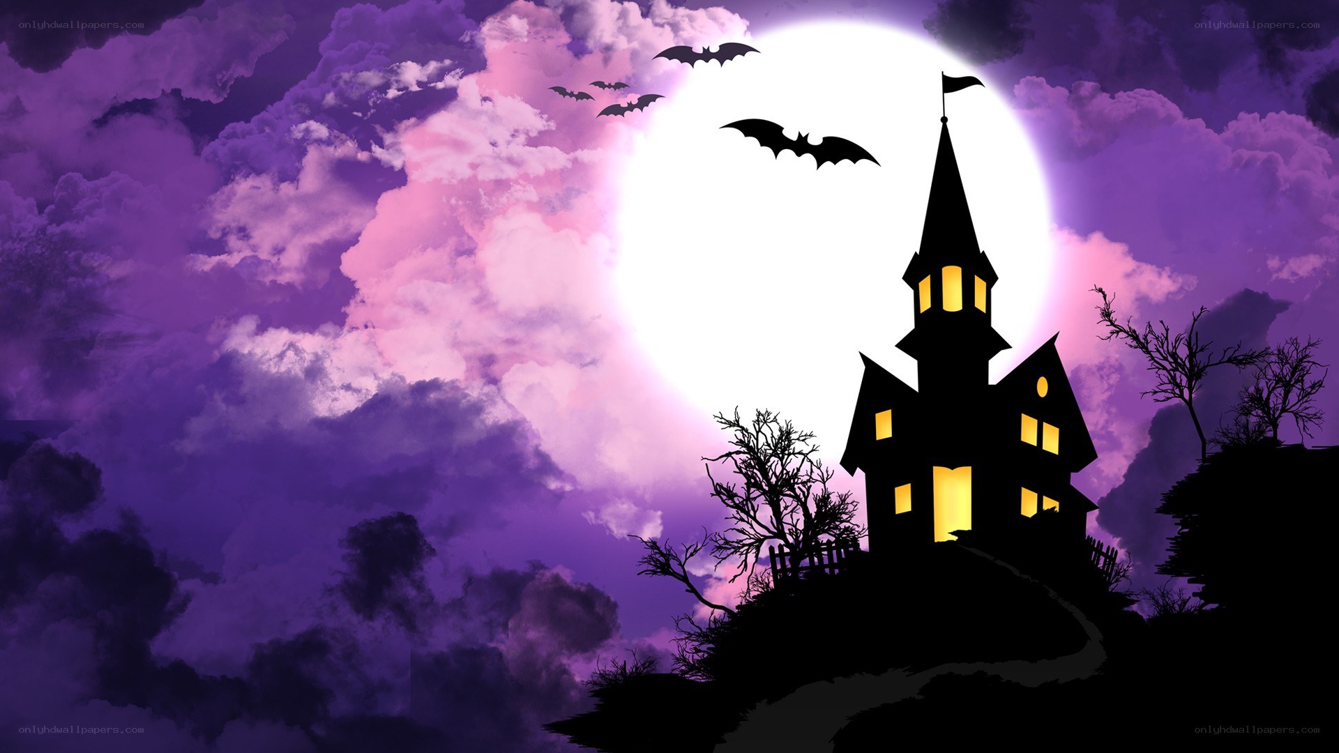 Halloween castle under full moon