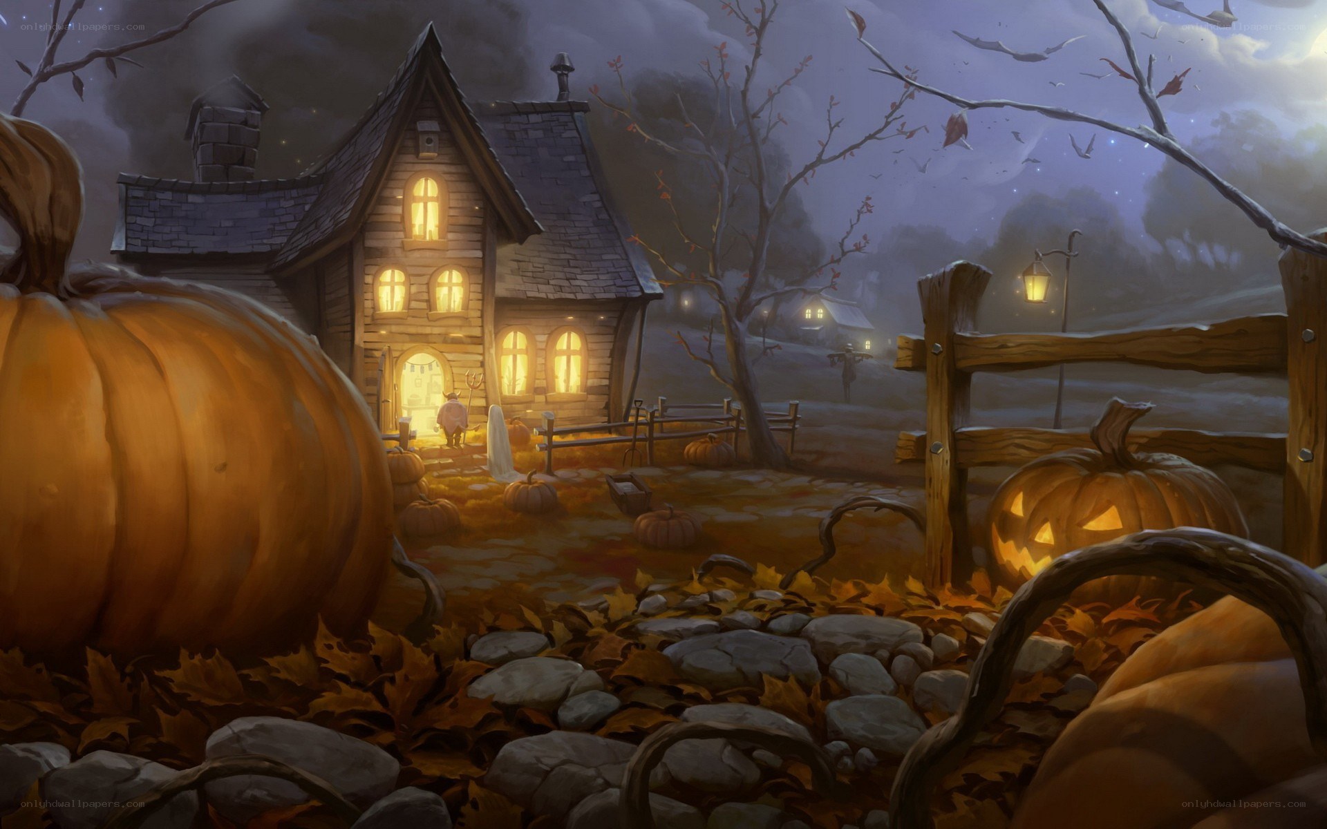 Halloween cottage at night