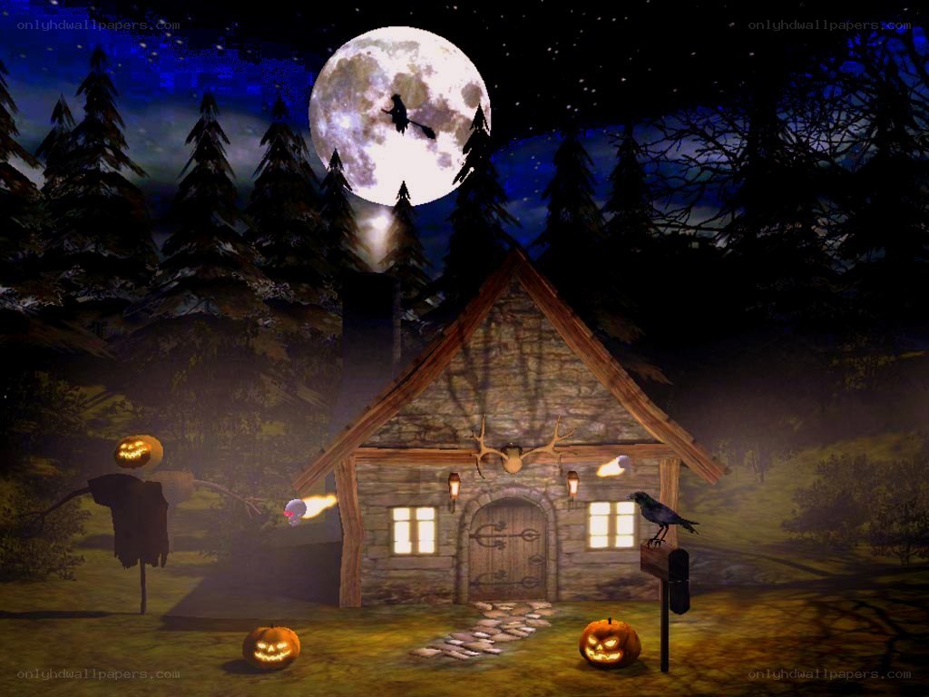 Halloween cottage at night