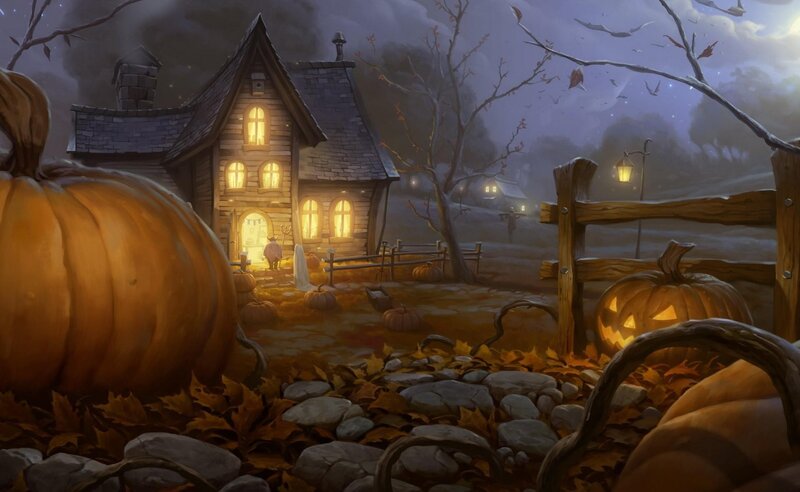 Halloween cottage at night