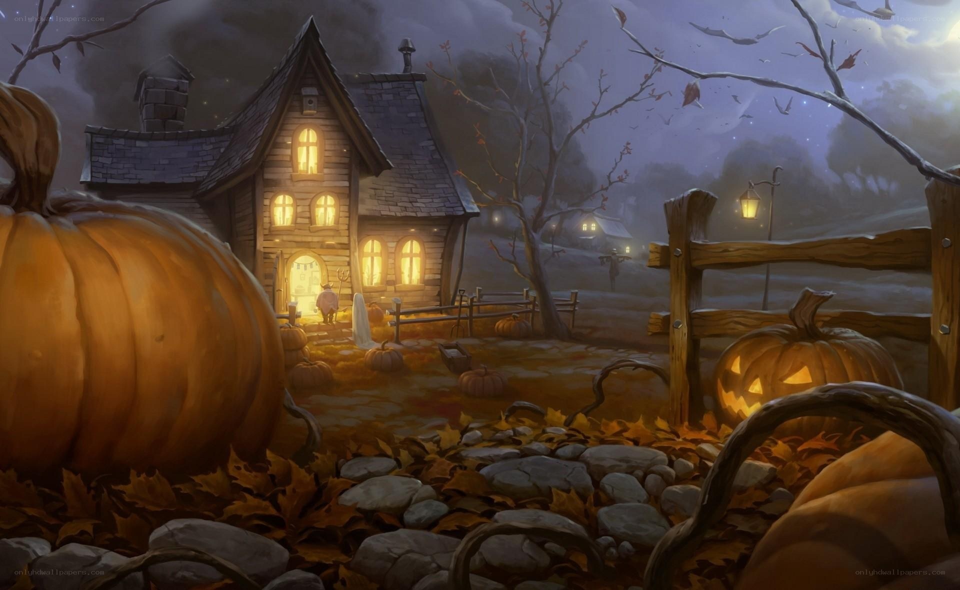 Halloween cottage at night