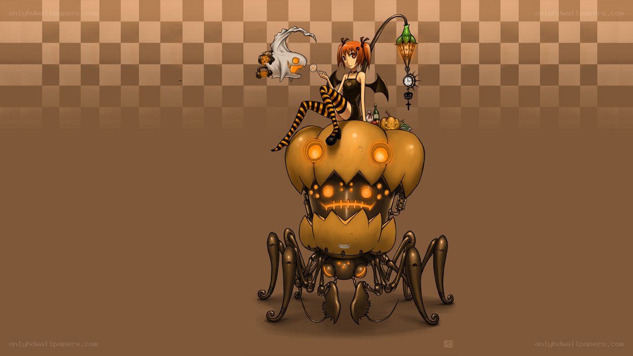 halloween girl on pumpkin robot