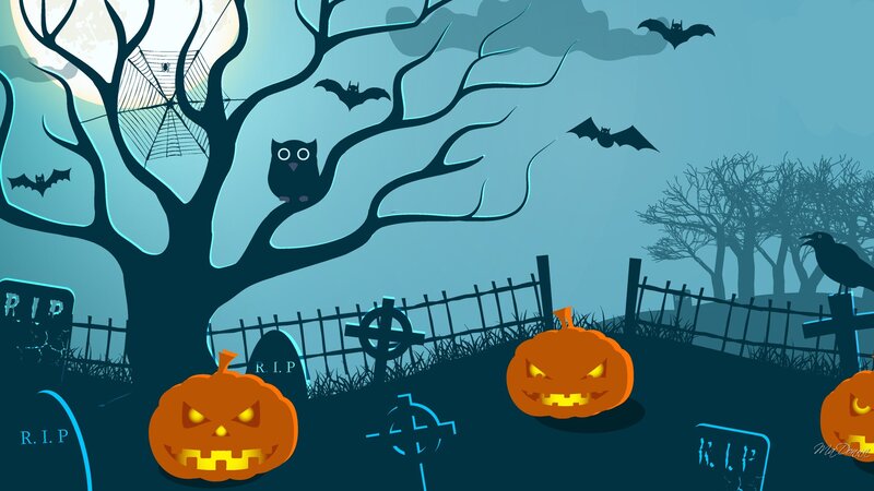 Halloween Graveyard Scene — Blue, Spooky