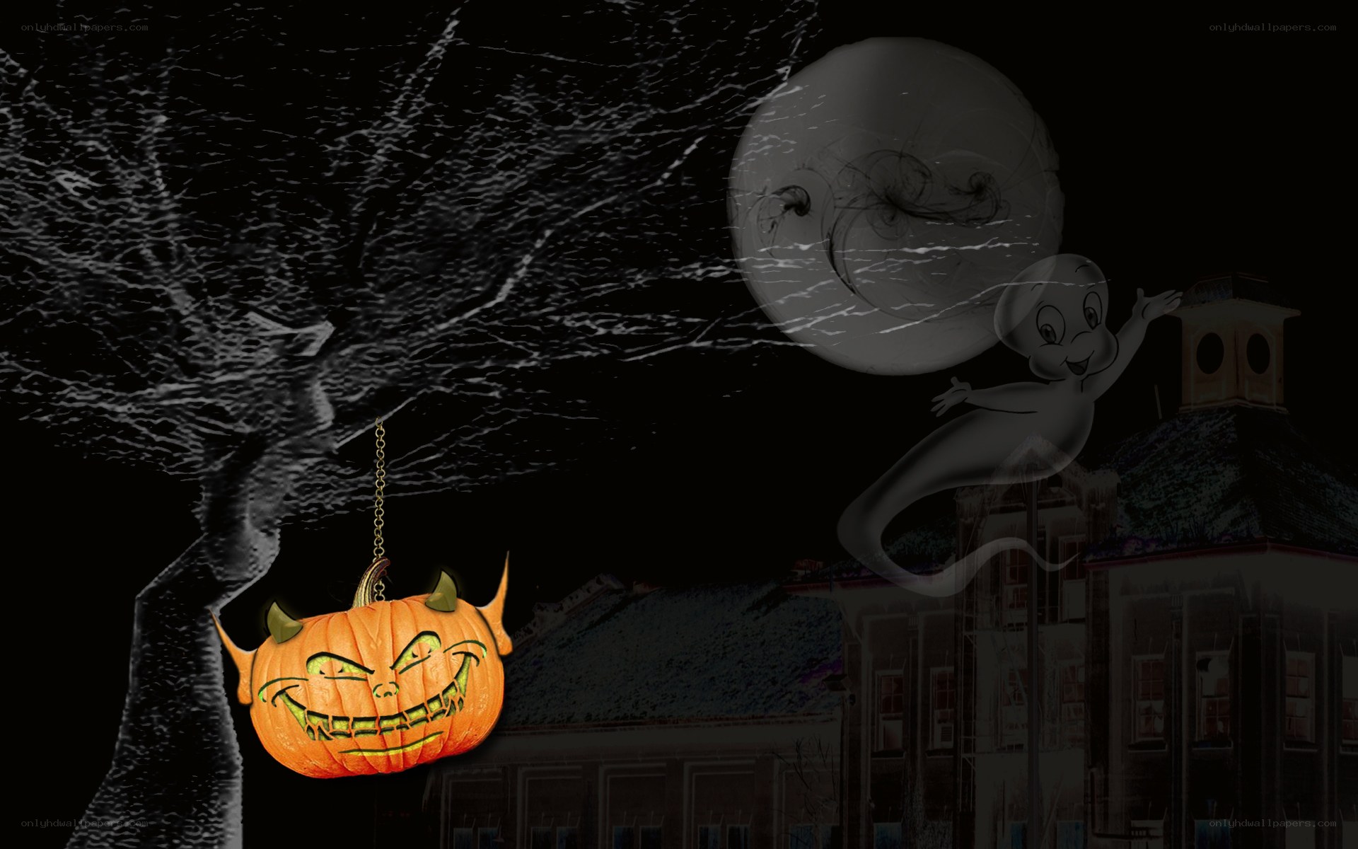 Halloween night with pumpkin and ghost