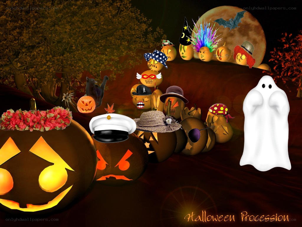 Halloween procession with pumpkins