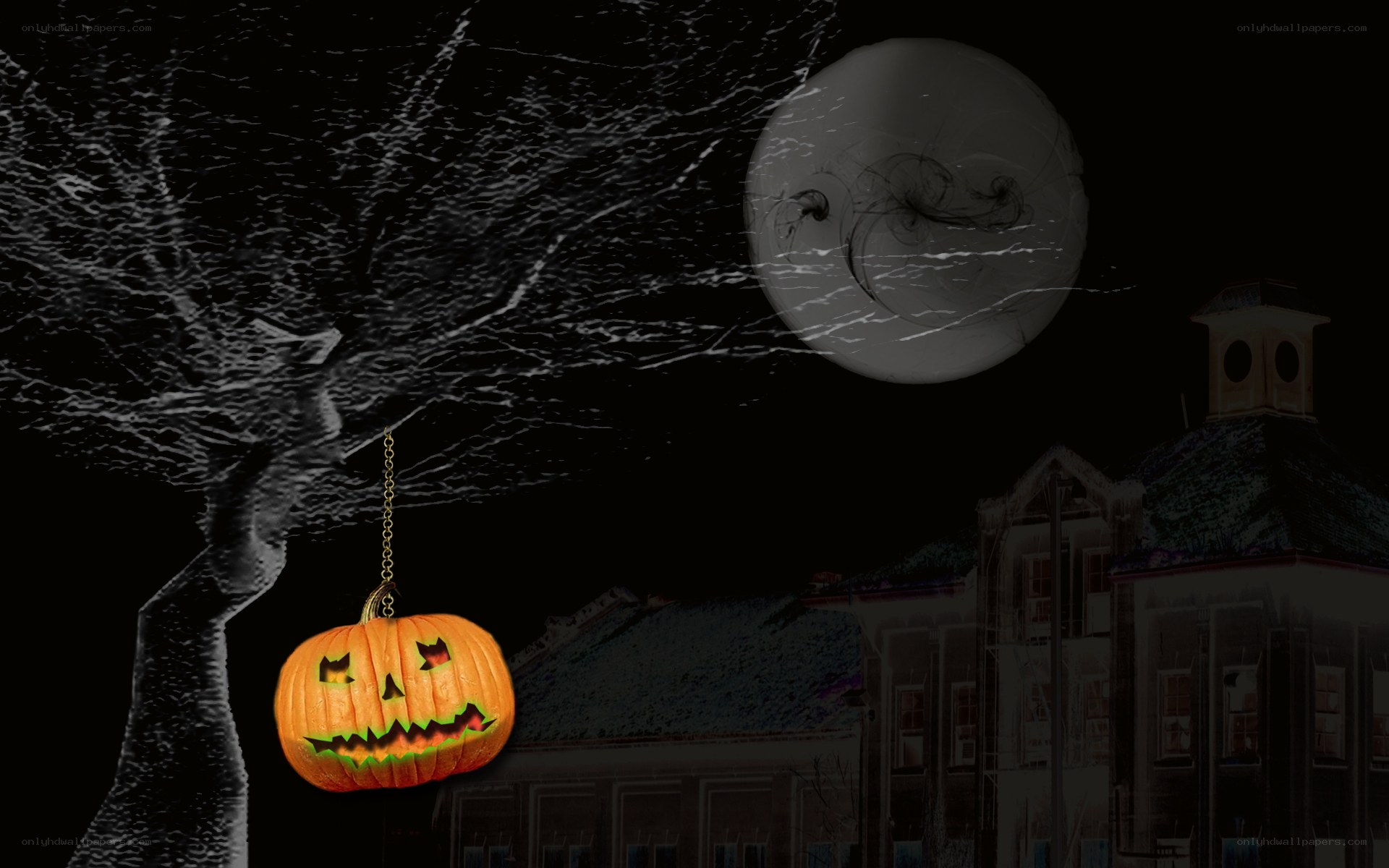 Halloween pumpkin hanging in spooky scene