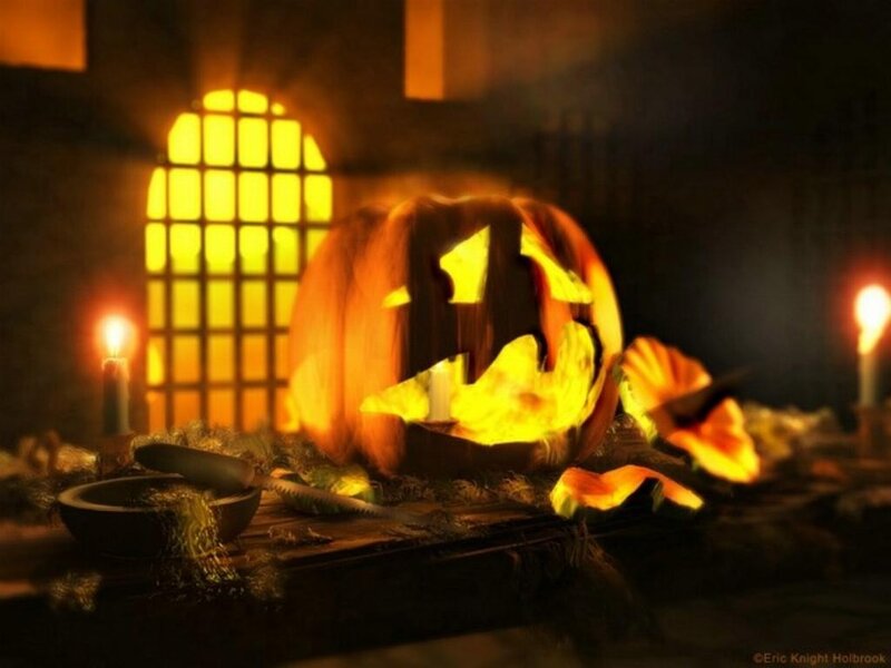 Halloween pumpkin in a dimly lit room