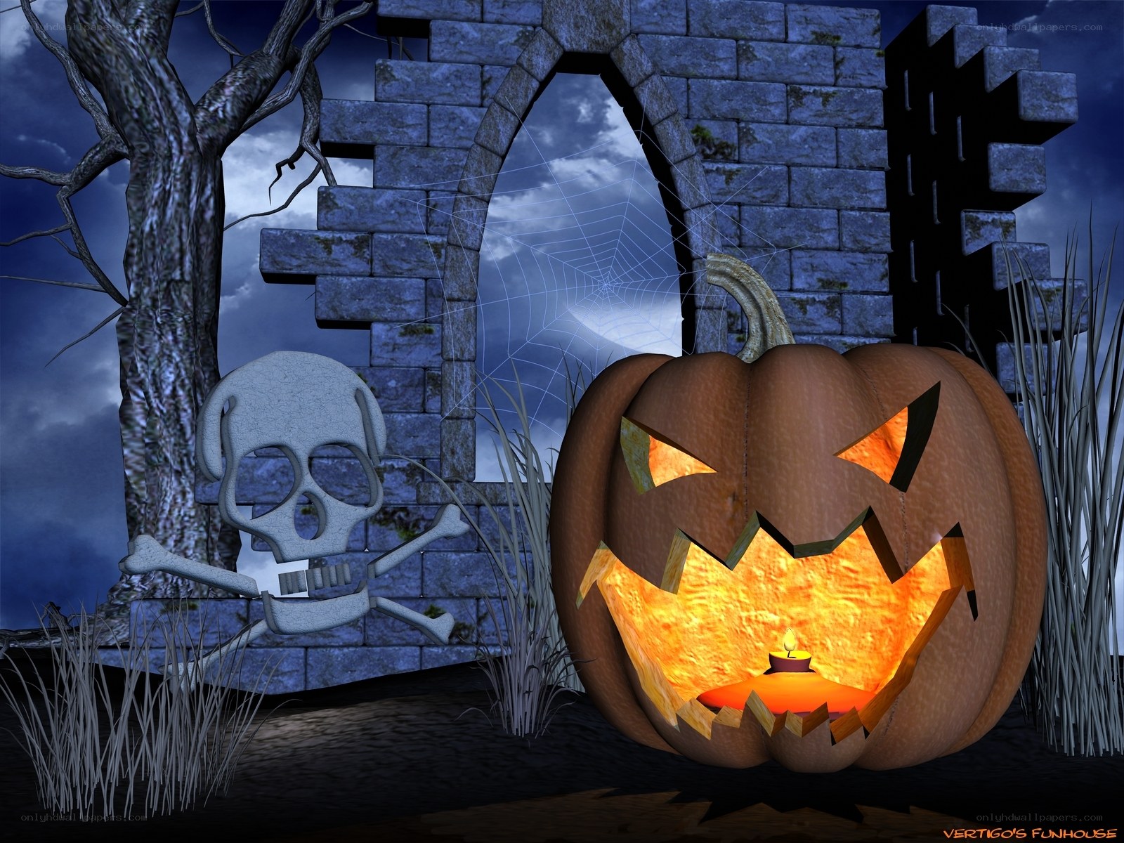 Halloween pumpkin in ruins