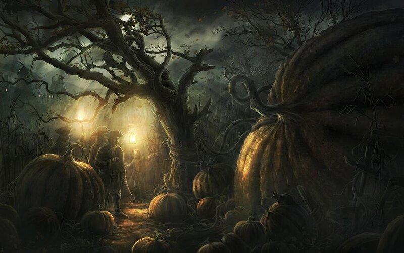 Halloween pumpkin patch at night