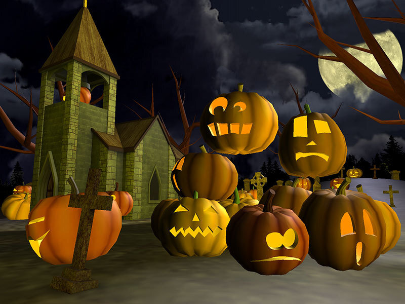 Halloween pumpkins in graveyard