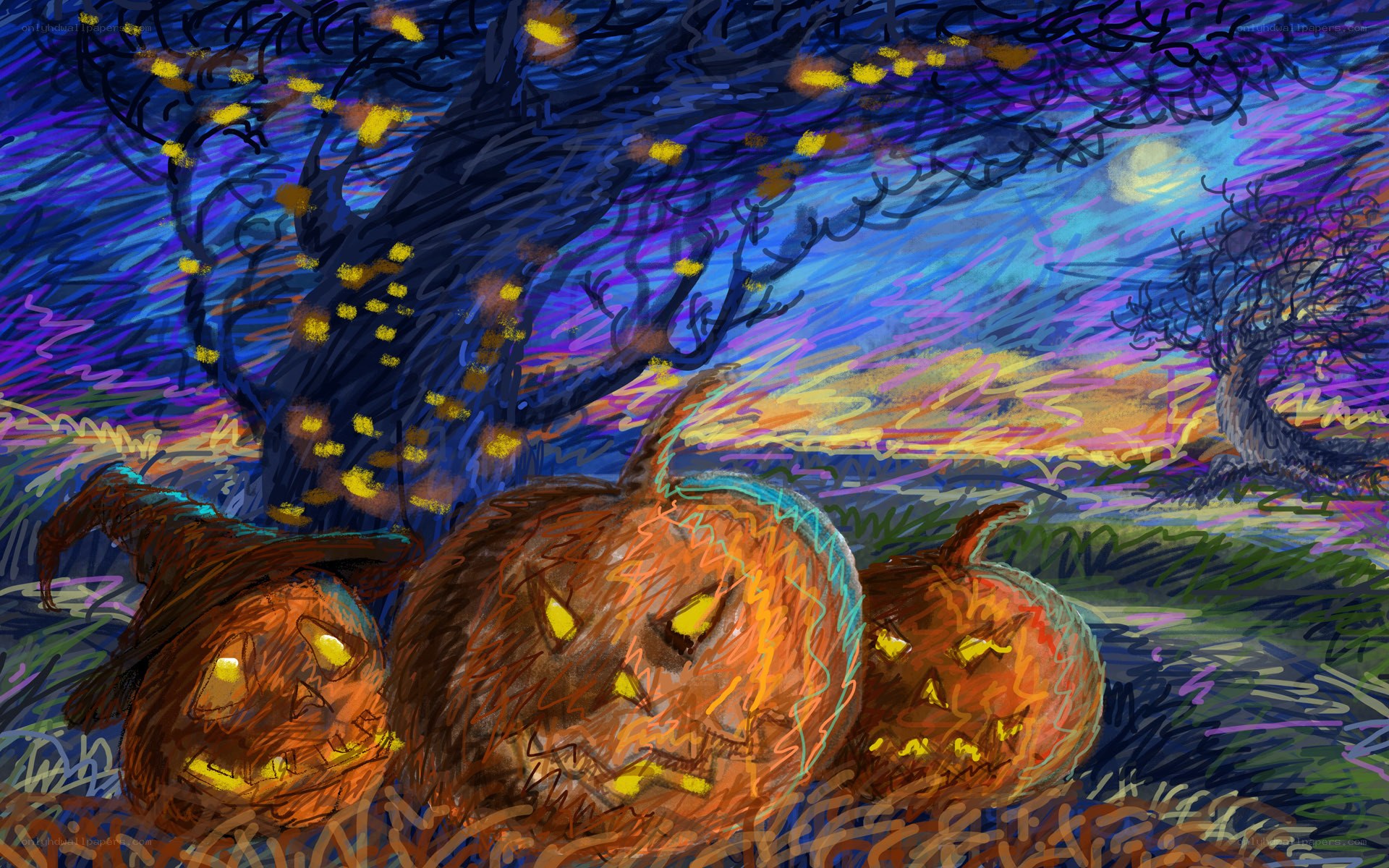 Halloween pumpkins under a starry sky