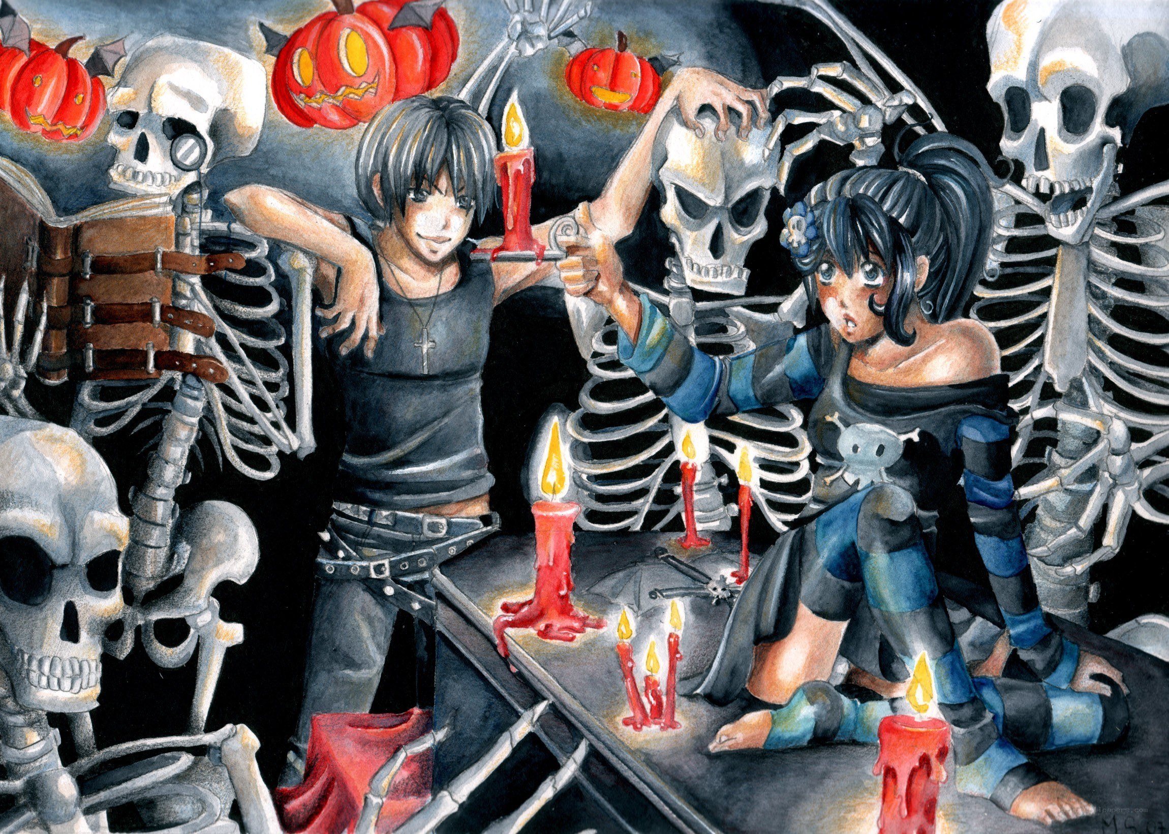 Halloween ritual with skeletons