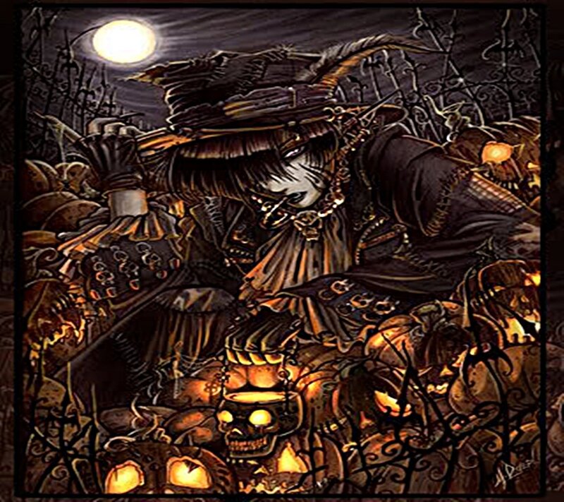 Halloween scarecrow in pumpkin patch