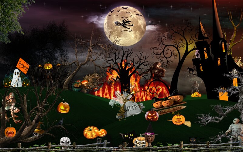 Halloween Scene with Pumpkins — Black, Spooky, Night