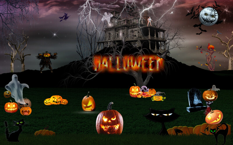 Halloween Scene with Pumpkins — Black, Spooky