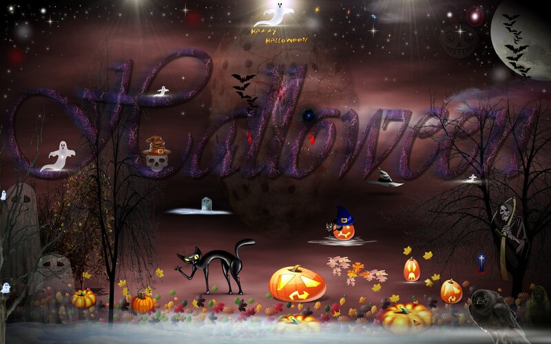 Halloween Scene with Pumpkins — Purple