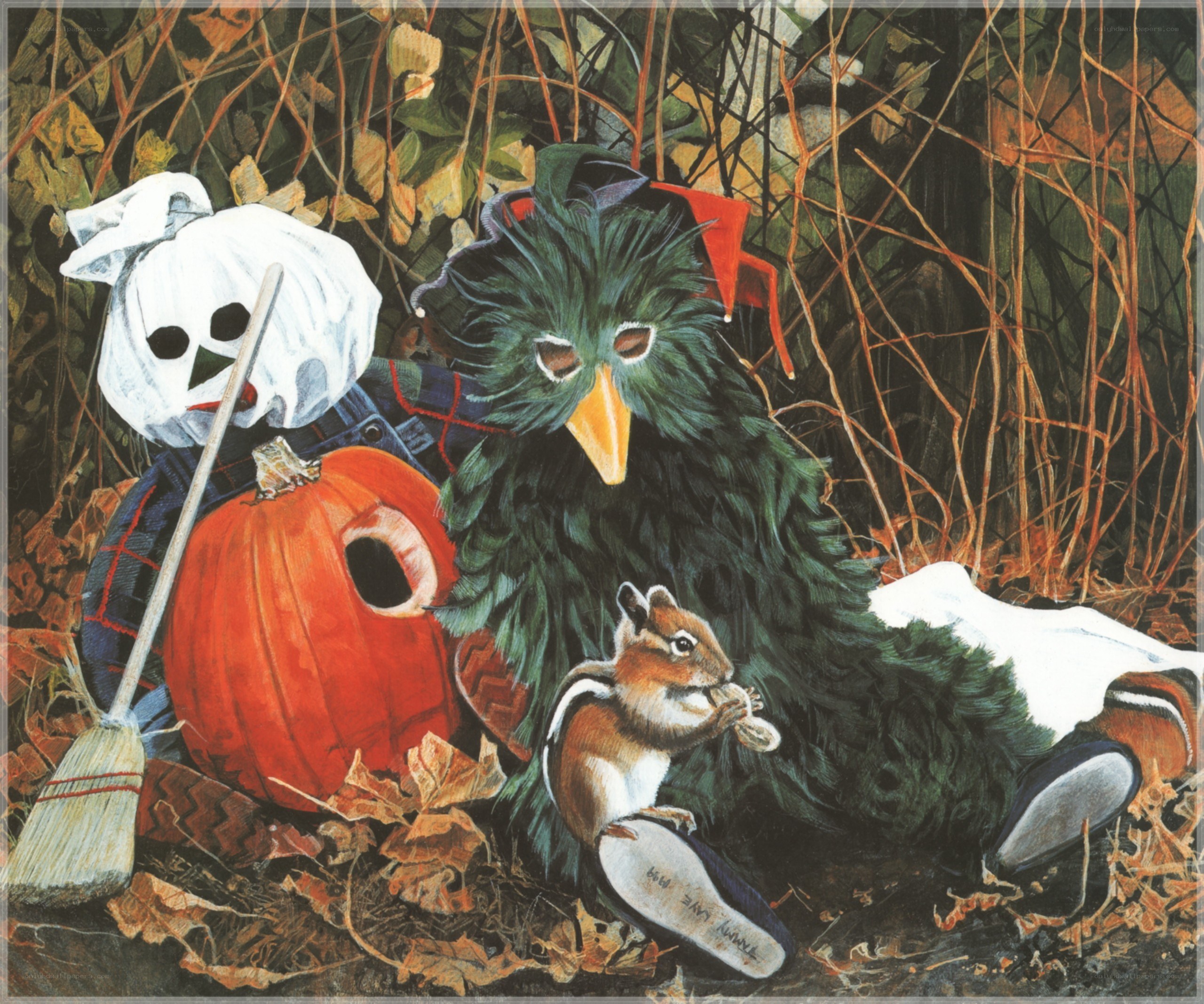 Halloween scene with scarecrow and chipmunk