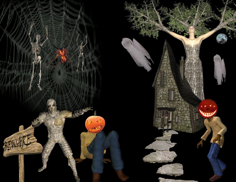 Halloween scene with spooky characters