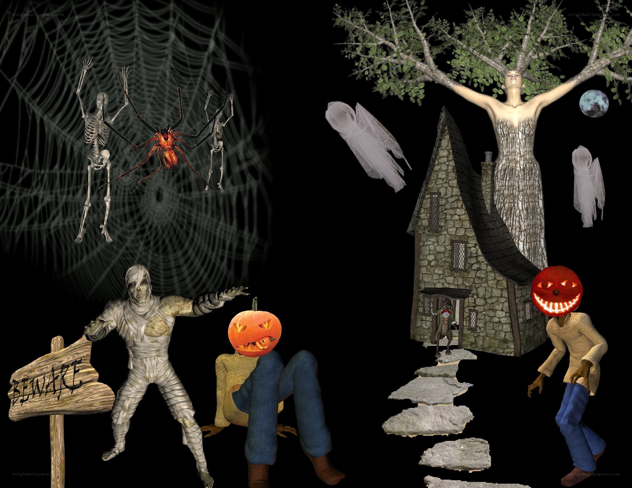 Halloween scene with spooky characters