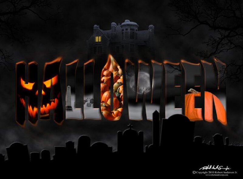 Halloween Text with Haunted House