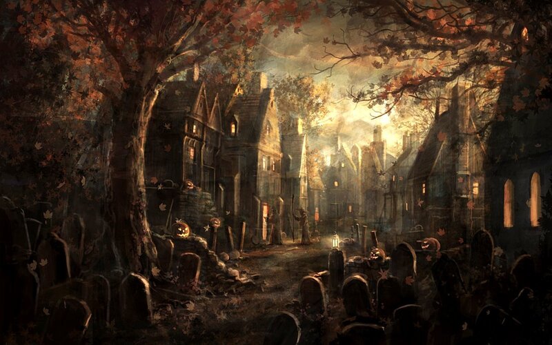 Halloween village at dusk