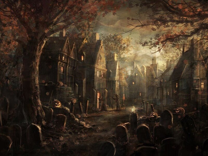 Halloween village at dusk