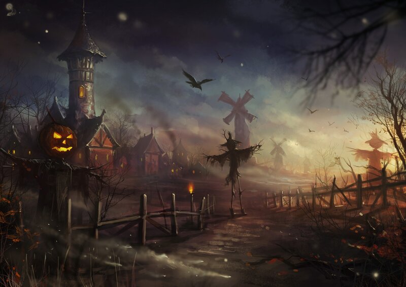 Halloween village at dusk