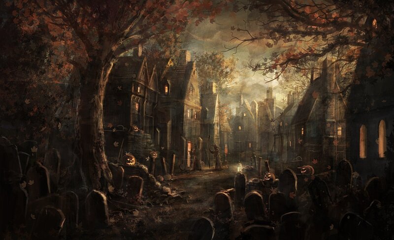 Halloween village at dusk