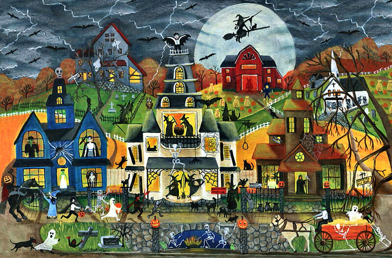 Halloween Village Scene — Orange, Spooky, Night
