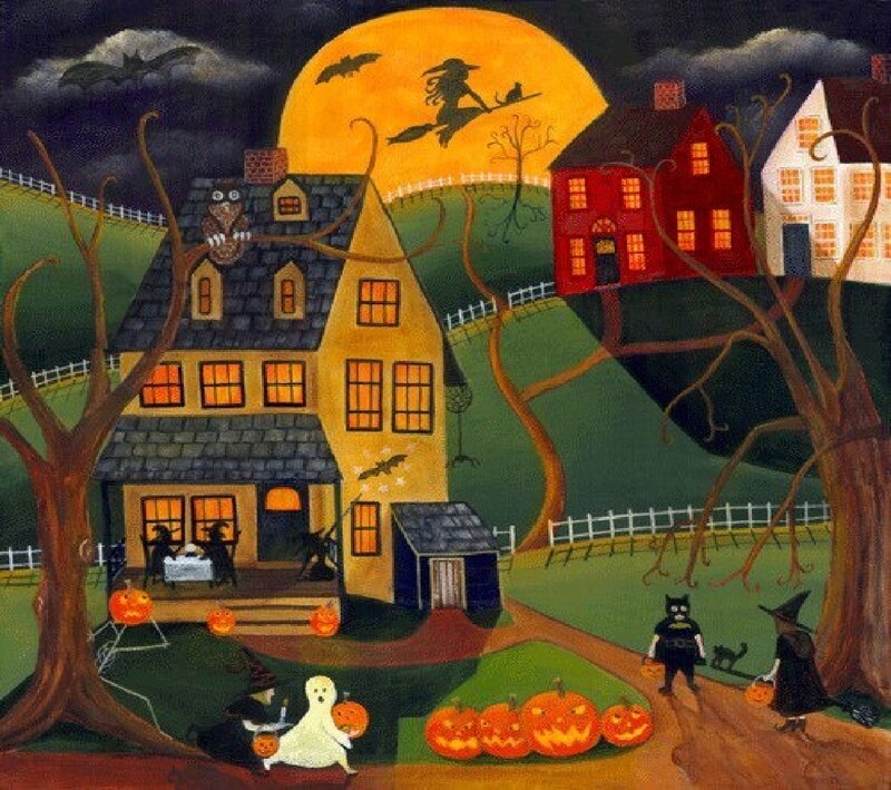 Halloween Village Scene — Orange, Spooky