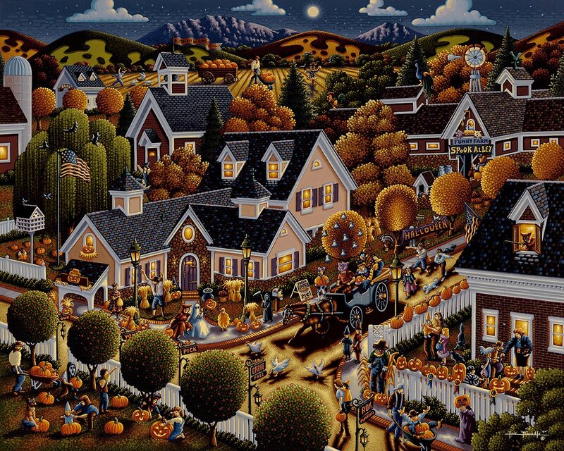 Halloween Village Scene — Orange