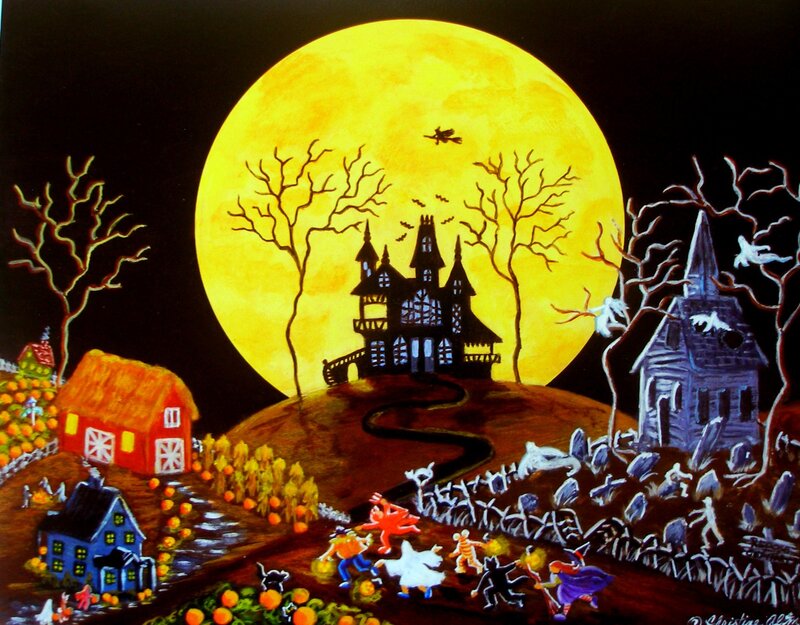 Halloween Village Scene — Yellow