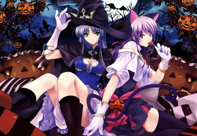 Halloween witch and cat girl