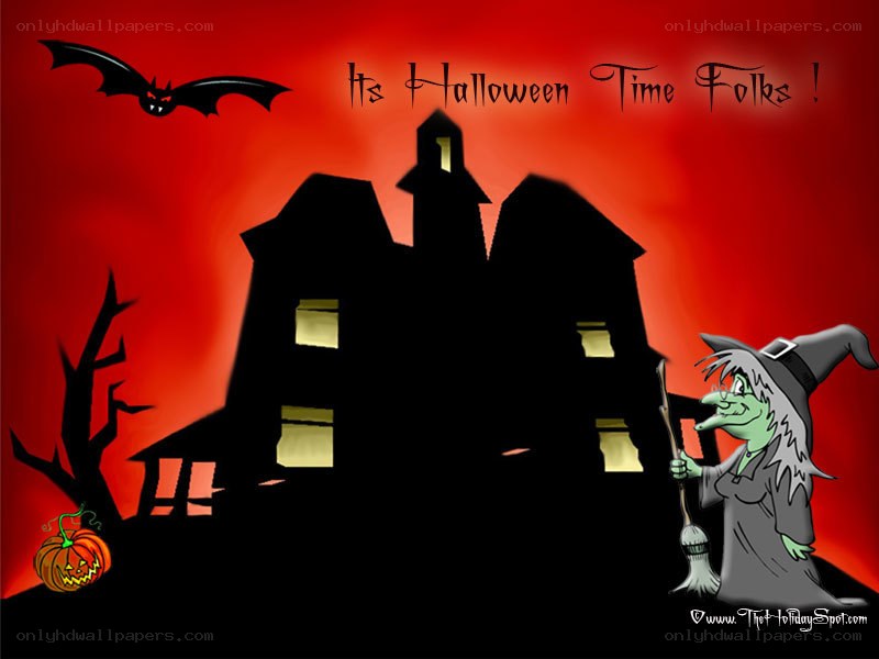 Halloween witch and haunted house