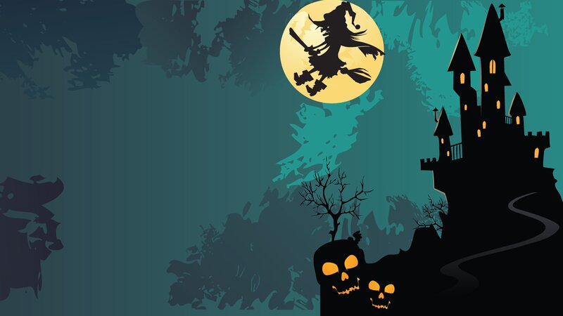 Halloween witch flying over castle